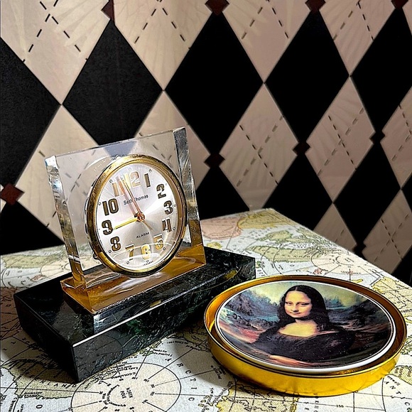 Vintage Marble Seth Thomas Desk Mantle Clock Green Marble & Lucite Mid-Century - Picture 2 of 16